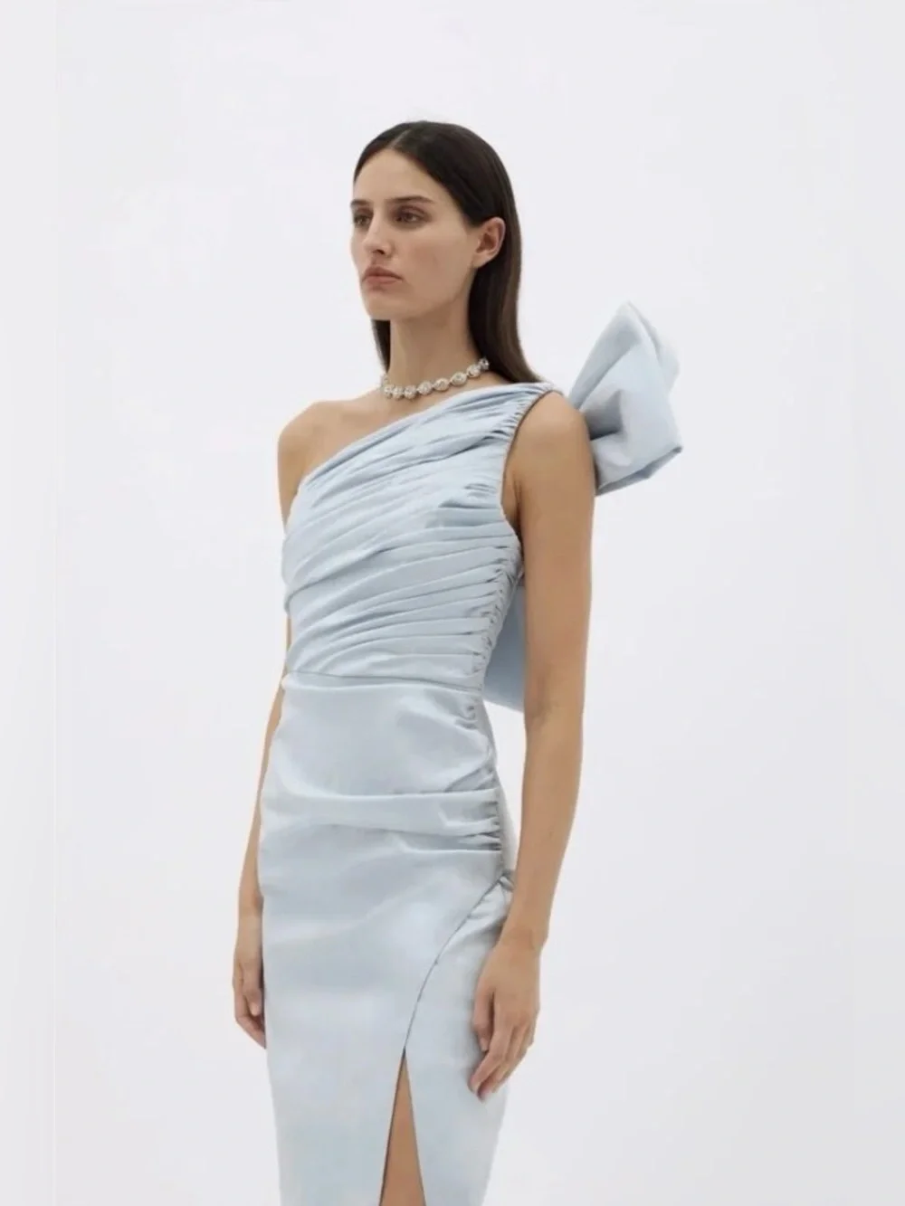 Rachel Gilbert Light Blue One-Shoulder Ruched Gown with Bow - Picture 4 of 13